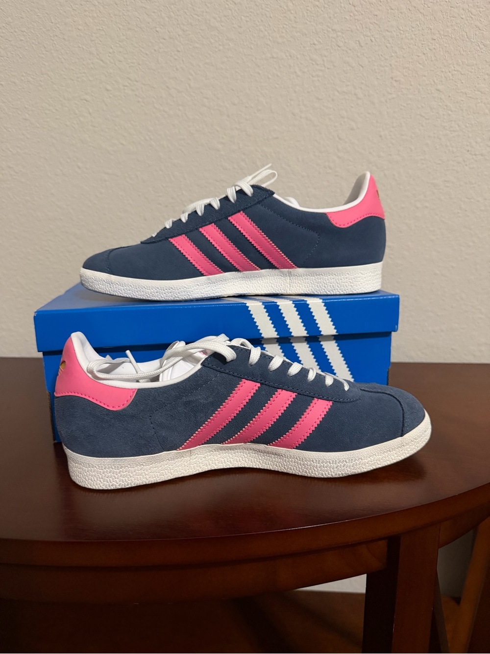 Adidas Women’s Navy Sneakers with Pink Stripes and Heel